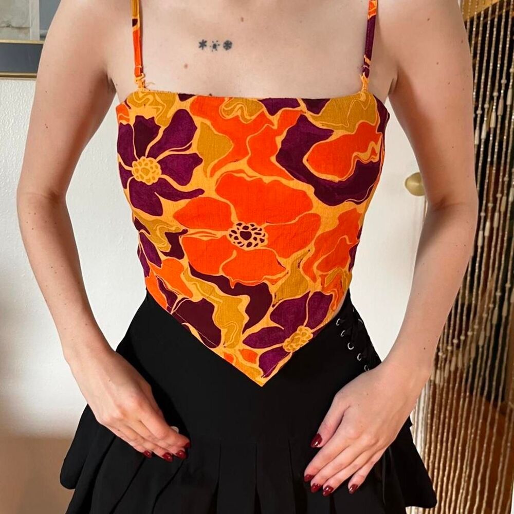 NWT Arizona Jean Co Groovy Retro Floral Bandana Crop Top Size S 70s Orange